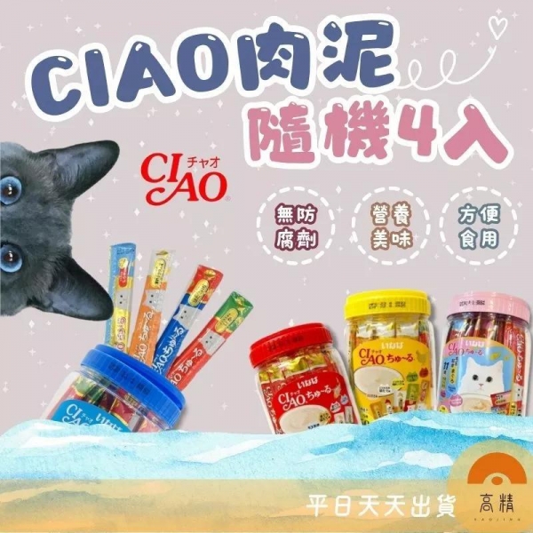 CIAO肉泥 貓肉泥 肉泥條 桶裝肉泥 4入組 口味隨機 海鮮 雞肉 鮪魚 高齡貓配方 貓泥 貓咪點心 貓零嘴 貓點心